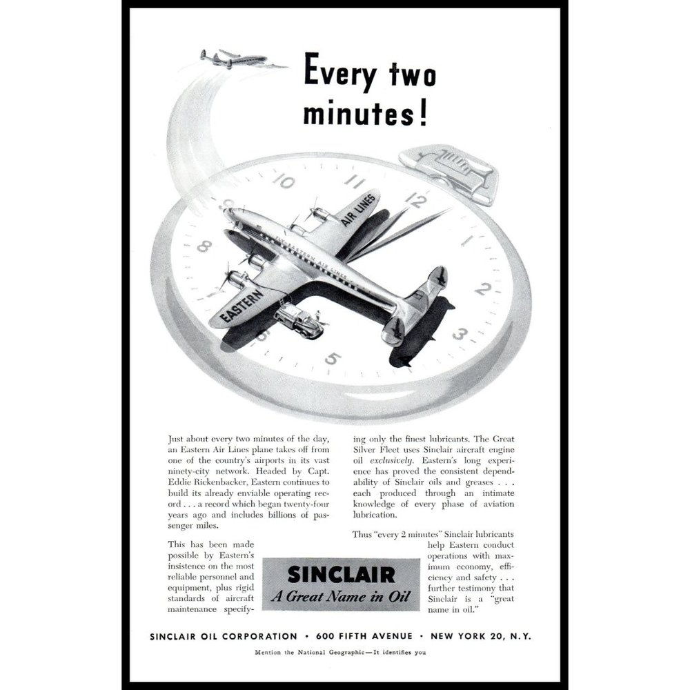 1953 Sinclair Oil Eastern Airlines Vintage Print Ad Stopwatch AVgeek Wall Art